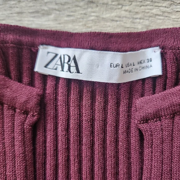 Zara Ribbed Balloon Sleeve Maroon Knit Dress Large Jumper Sweater Maxi Stretch - Picture 11 of 11
